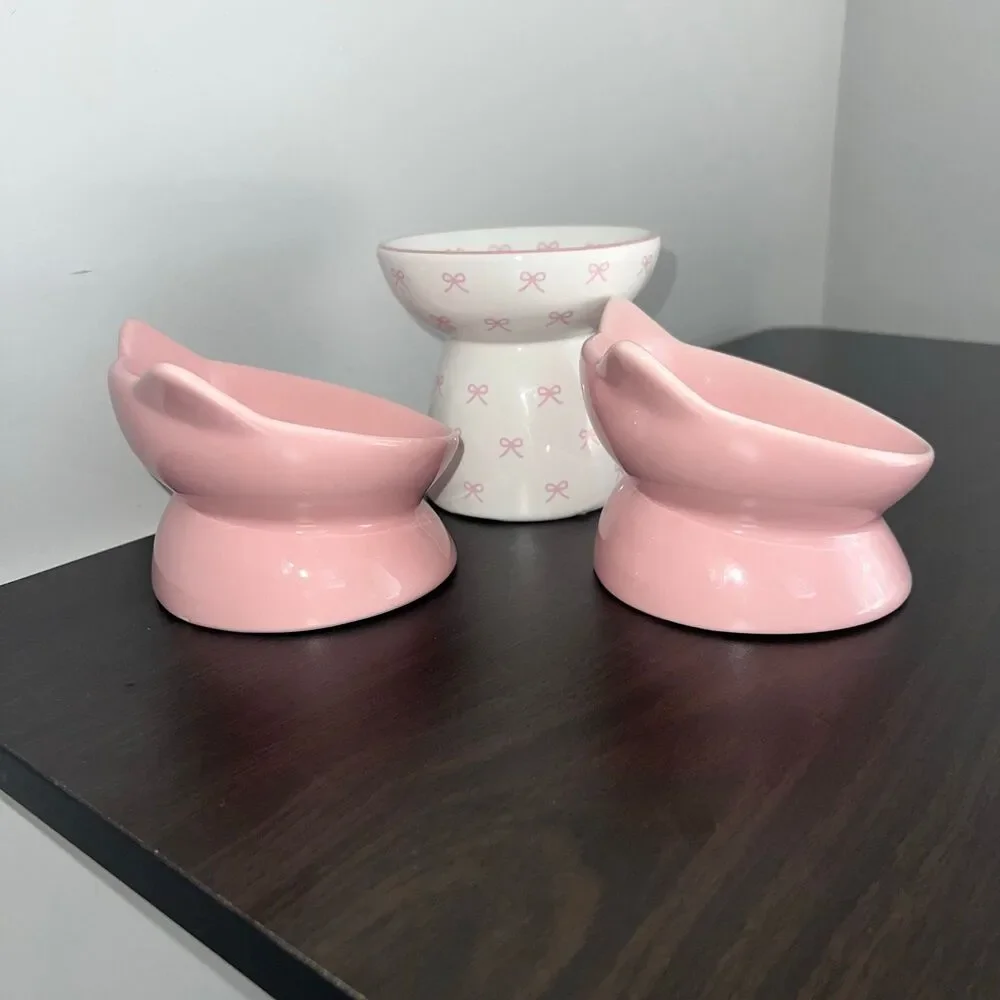 Kawaii Elevated Stoneware Ceramic Cat Bowl Set